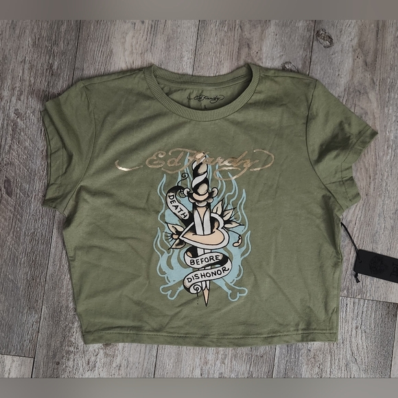 Ed Hardy Tops - Ed Hardy Olive Green Graphic Crop Top